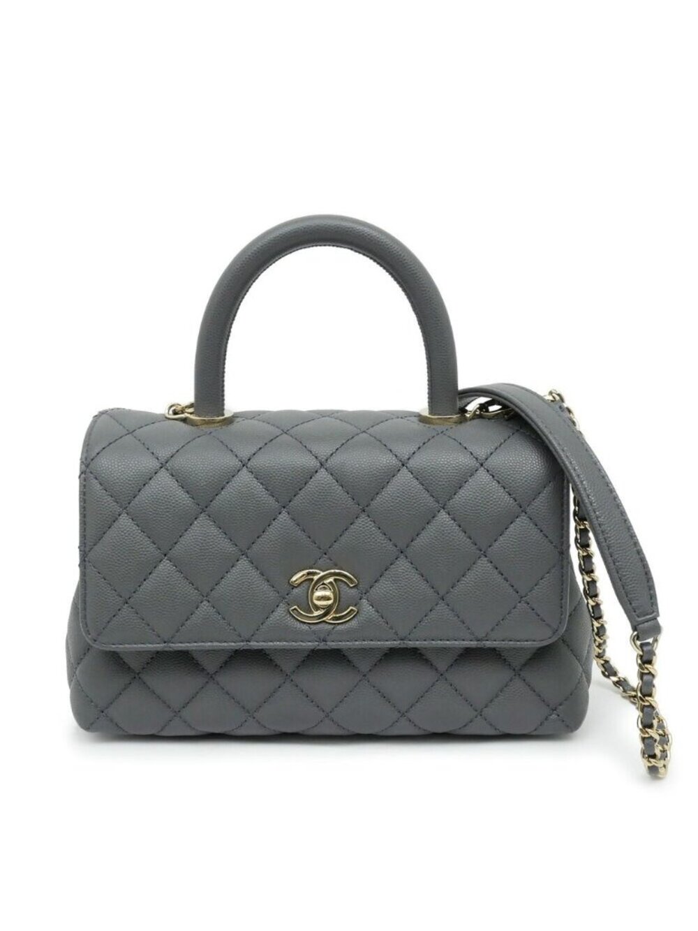 Chanel Coco Handle XS Gray Champagne Gold Caviar Leather Chain Shoulder Bag